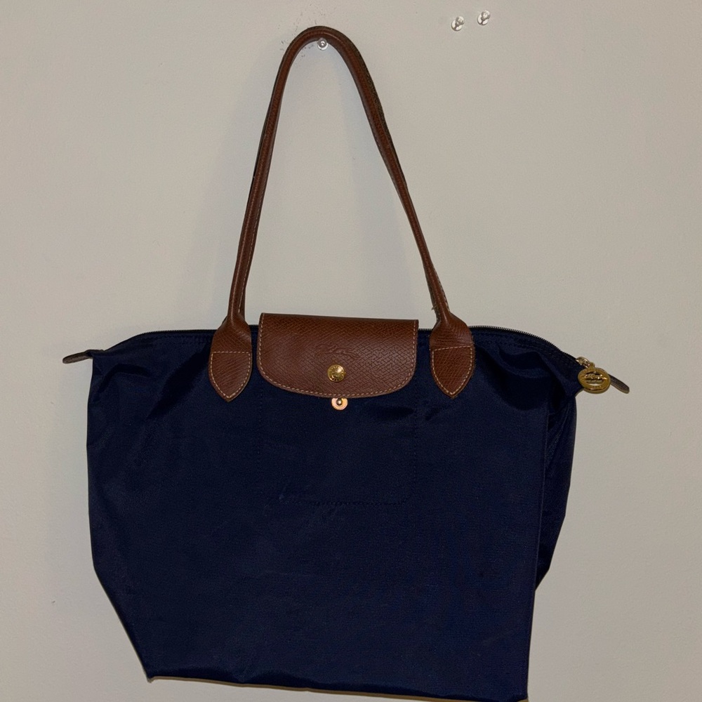 Longchamp LE PLIAGE Navy and Brown Tote: Medium size tote